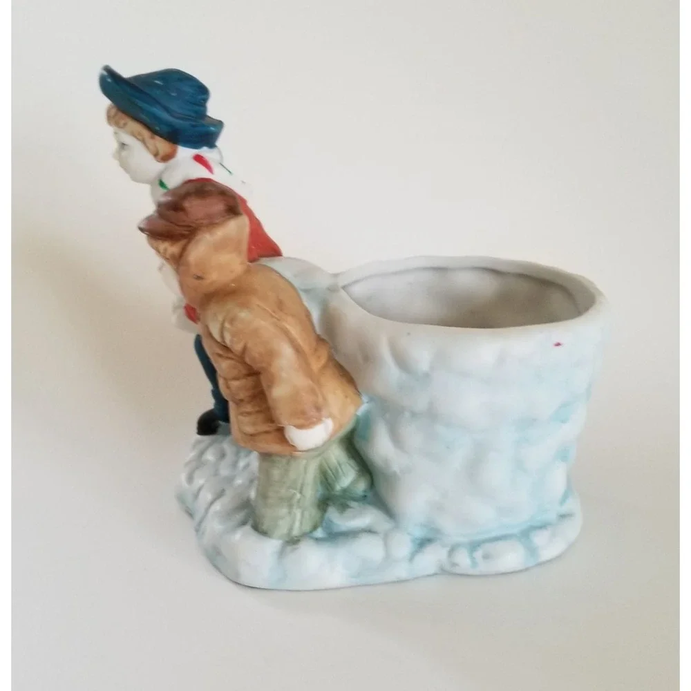Vintage Ceramic Christmas Planter Boys Carrying Tree Winter Figurine Decor